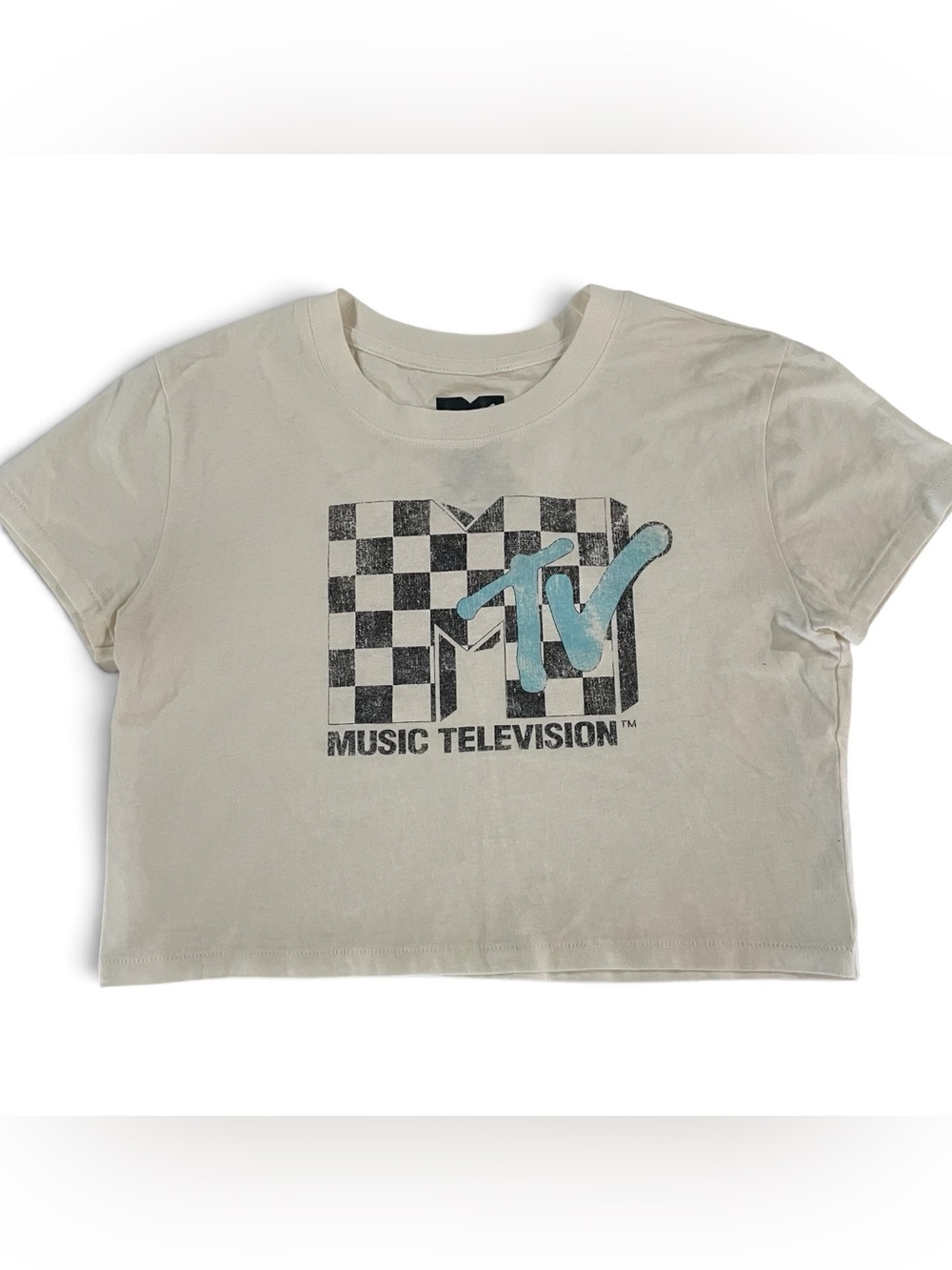 MTV White Crop Tee with Black Checkerboard and Light Blue Logo Size S